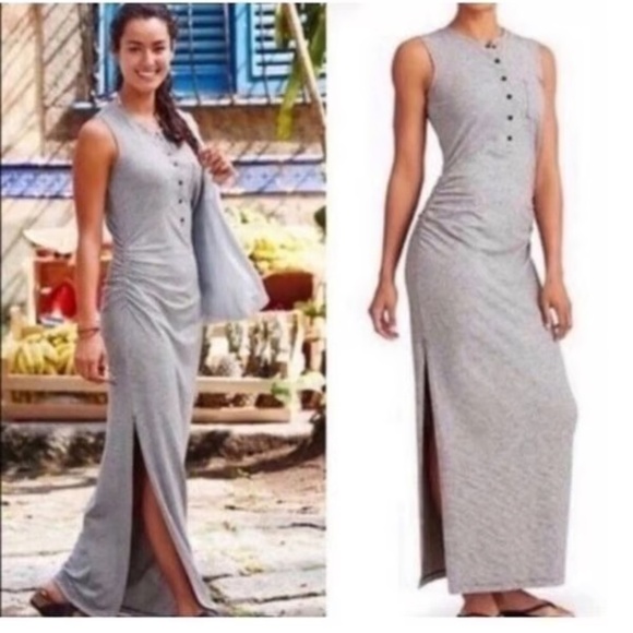 Athleta Maxi Dress 2X Ruched Henley Microstripe Stretch Beach Resort Lightweight - Picture 1 of 12